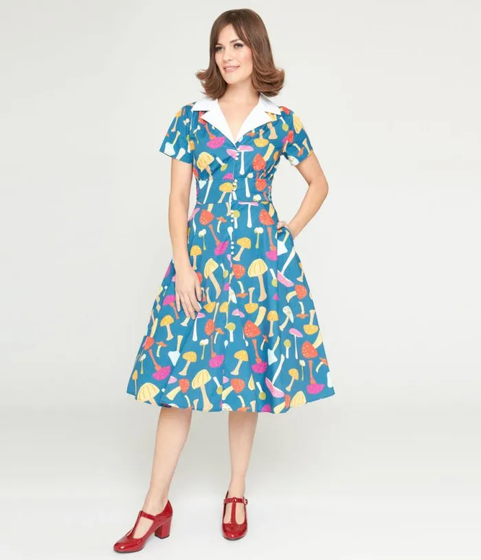 Teal and Multicolor Mushroom Swing Dress Dresses Unique Vintage Pocket Dresses Teal and Multicolor Mushroom Swing Dress Dresses Unique Vintage Pocket Dresses