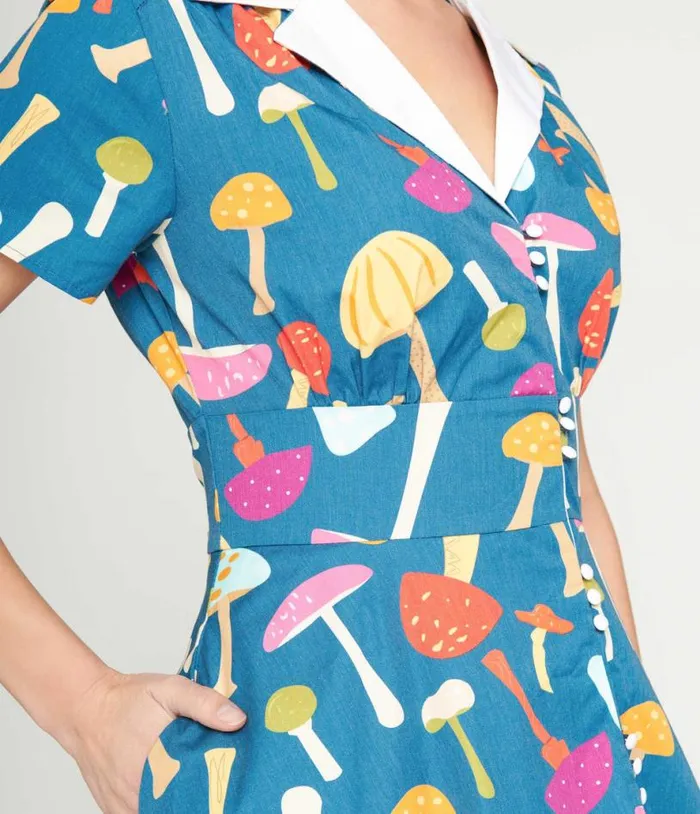 Teal and Multicolor Mushroom Swing Dress Dresses Unique Vintage Pocket Dresses