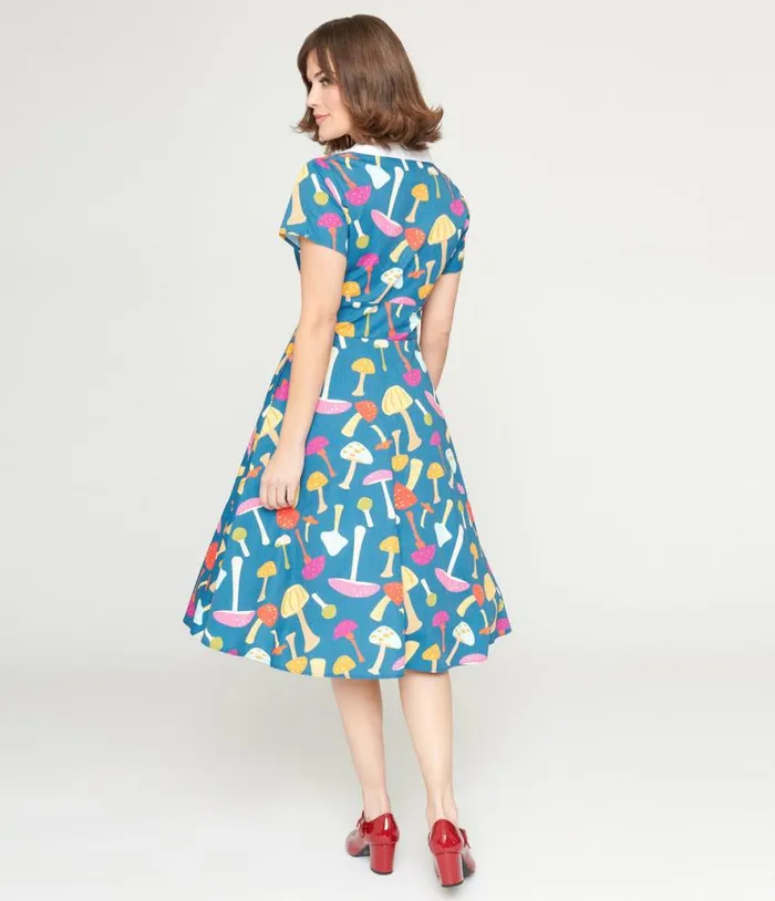 Teal and Multicolor Mushroom Swing Dress Dresses Unique Vintage Pocket Dresses