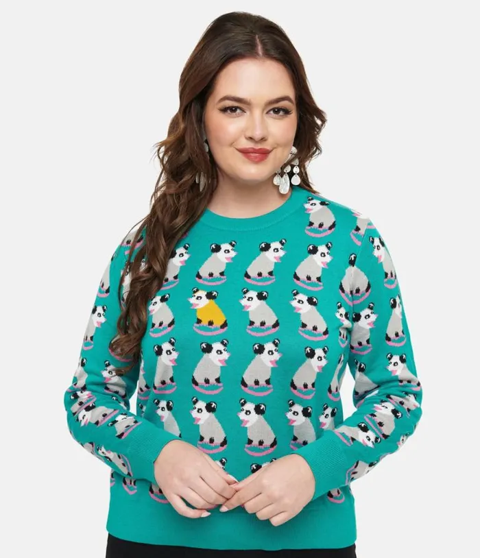 Teal Possum Print Knit Sweater Clothing Unique Vintage Sweaters and Cardigans Teal Possum Print Knit Sweater Clothing Unique Vintage Sweaters and Cardigans