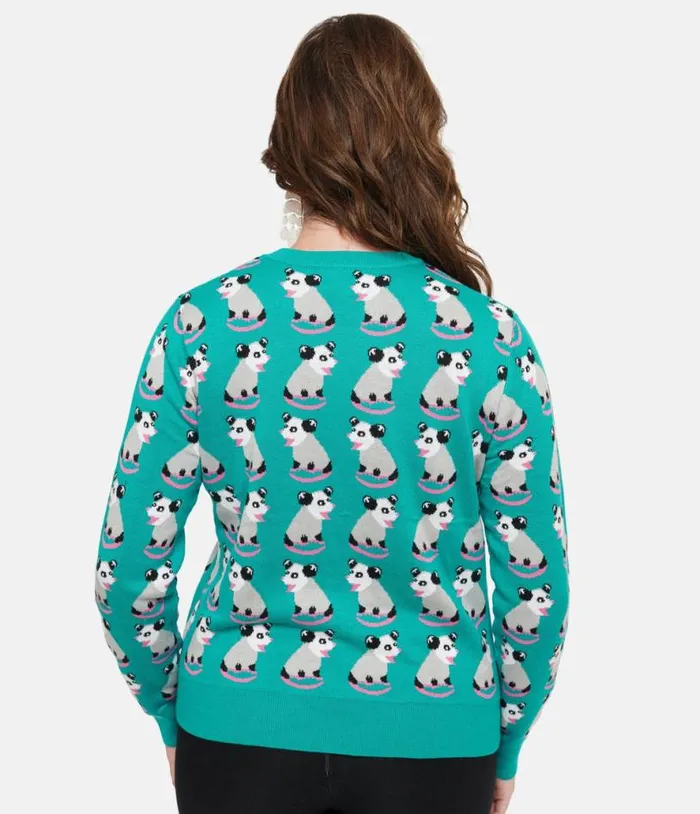 Teal Possum Print Knit Sweater Clothing Unique Vintage Sweaters and Cardigans