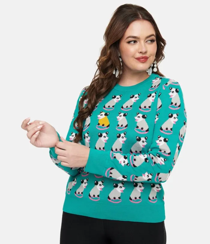 Teal Possum Print Knit Sweater Clothing Unique Vintage Sweaters and Cardigans