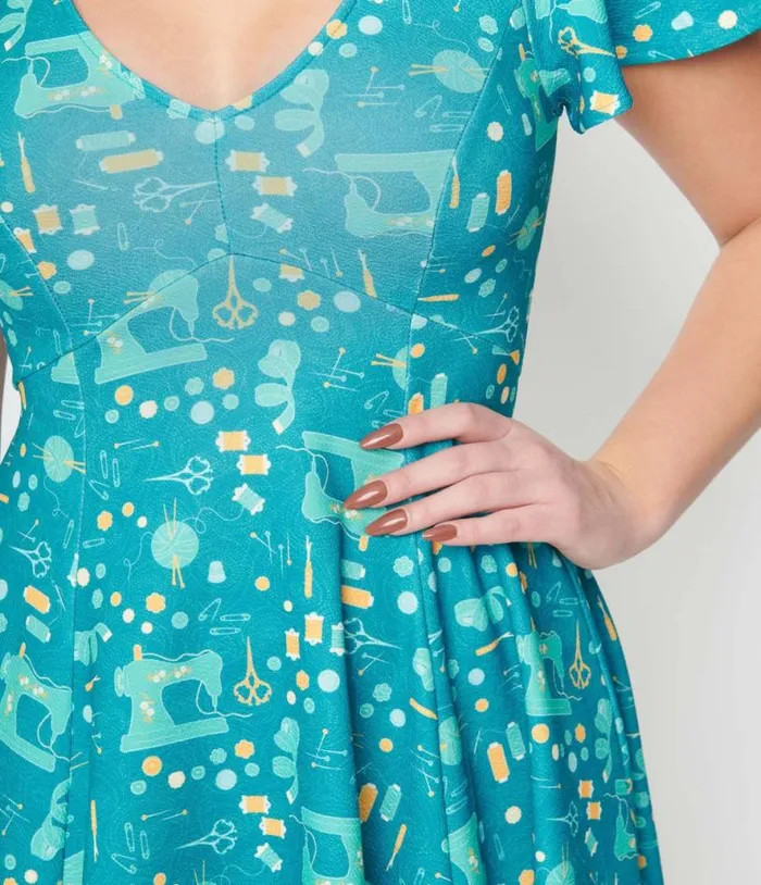 Teal She039s Crafty All Over Print Poppy Flare Dress Dresses Unique Vintage Pocket Dresses