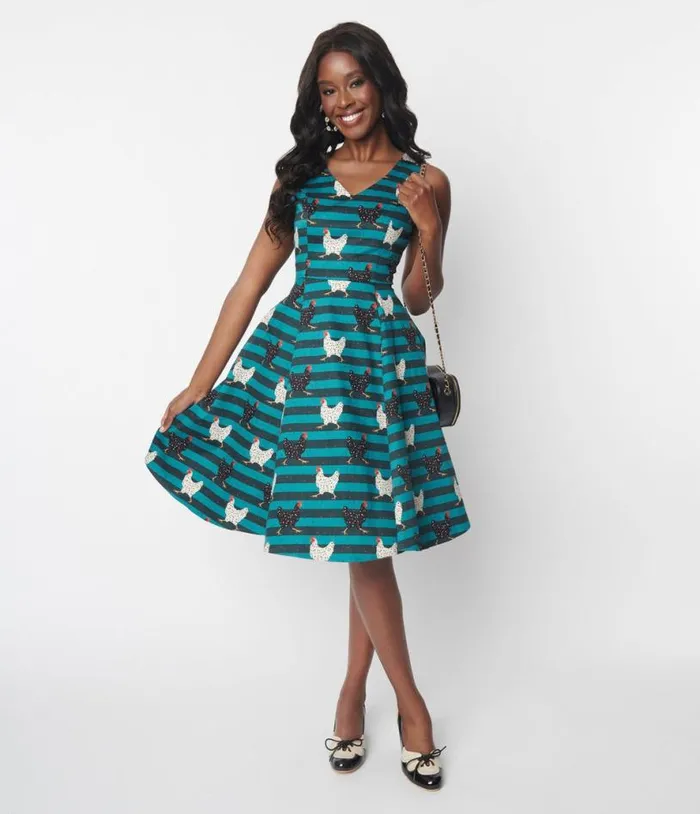 Teal Striped Chicken Swing Dress DressesPlus Unique Vintage Swing