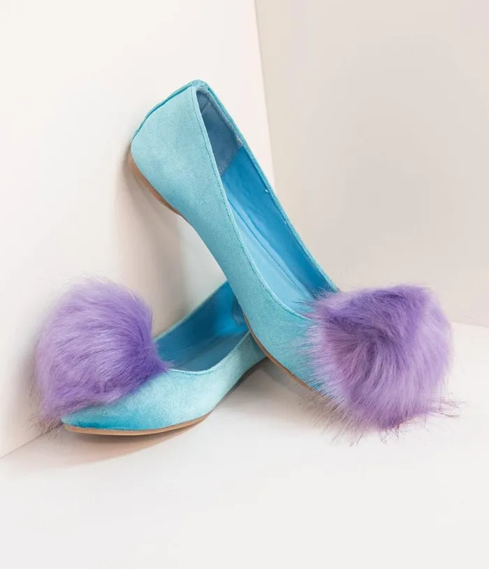 Teal Velvet and Purple Pom Pom Ballet Flats Shoes Unique Vintage Flats