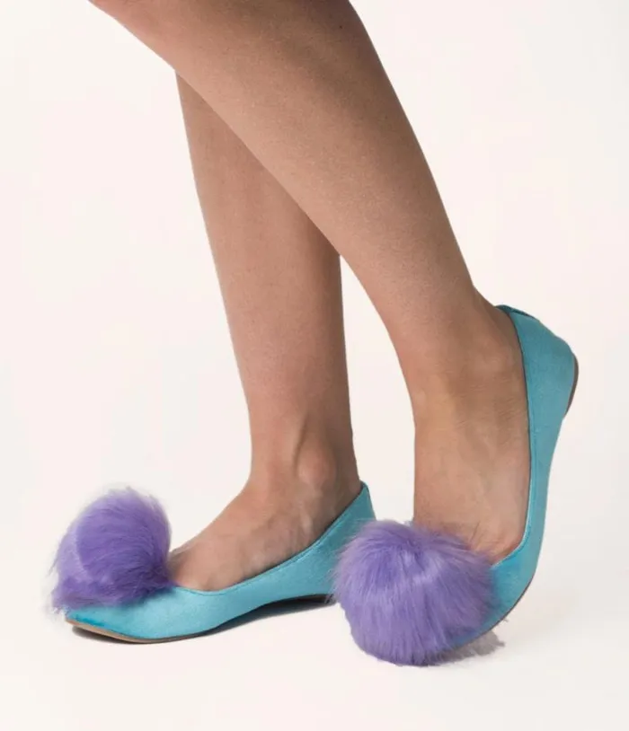 Teal Velvet and Purple Pom Pom Ballet Flats Shoes Unique Vintage Flats