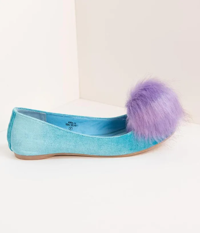 Teal Velvet and Purple Pom Pom Ballet Flats Shoes Unique Vintage Flats