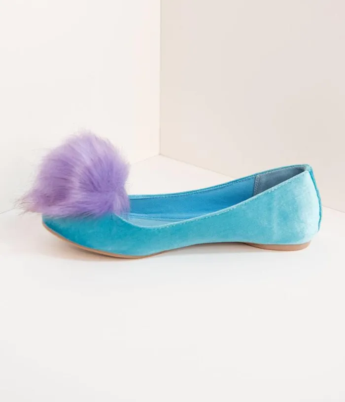 Teal Velvet and Purple Pom Pom Ballet Flats Shoes Unique Vintage Flats