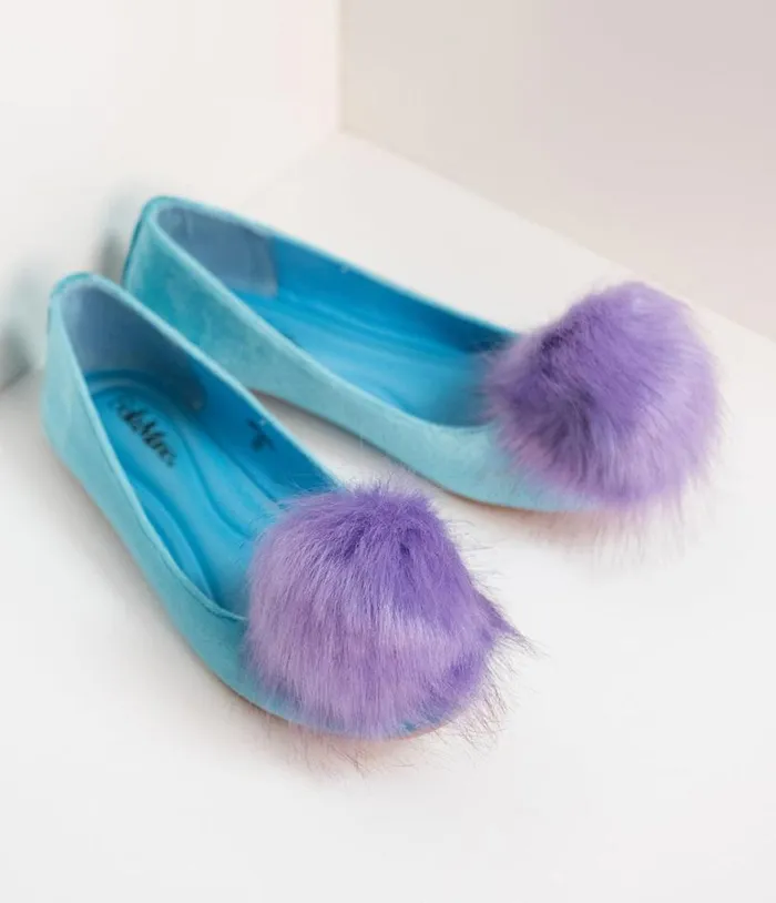 Teal Velvet and Purple Pom Pom Ballet Flats Shoes Unique Vintage Flats