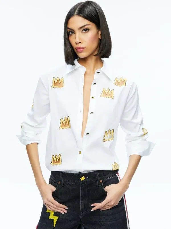 Tops Women Alice Olivia AO X BASQUIAT FINELY EMBELLISHED BUTTON DOWN Off White Multi