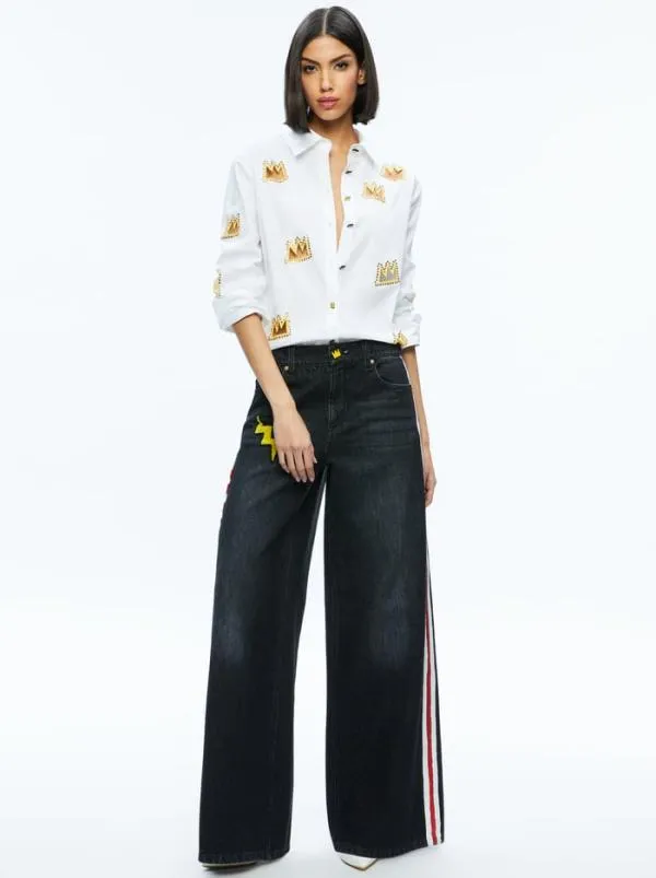 Tops Women Alice Olivia AO X BASQUIAT FINELY EMBELLISHED BUTTON DOWN Off White Multi