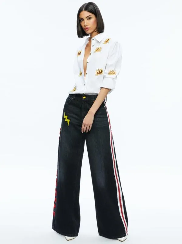 Tops Women Alice Olivia AO X BASQUIAT FINELY EMBELLISHED BUTTON DOWN Off White Multi