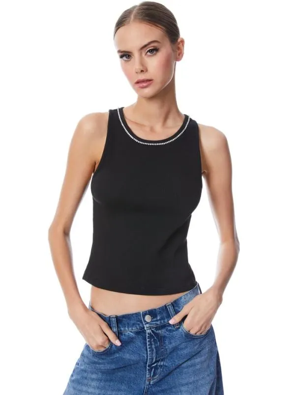 Tops Women Alice Olivia ALLEN EMBELLISHED NECK TANK TOP Black