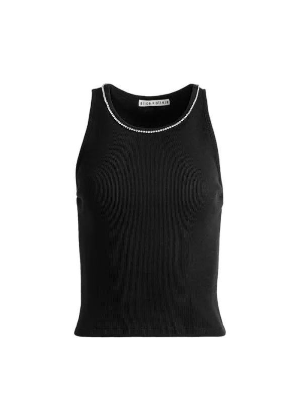 Tops Women Alice Olivia ALLEN EMBELLISHED NECK TANK TOP Black