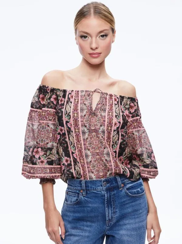 Tops Women Alice Olivia ALTA OFF THE SHOULDER TOP Canopy Tile Black