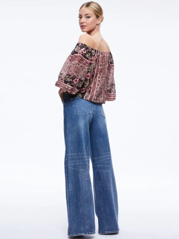 Tops Women Alice Olivia ALTA OFF THE SHOULDER TOP Canopy Tile Black