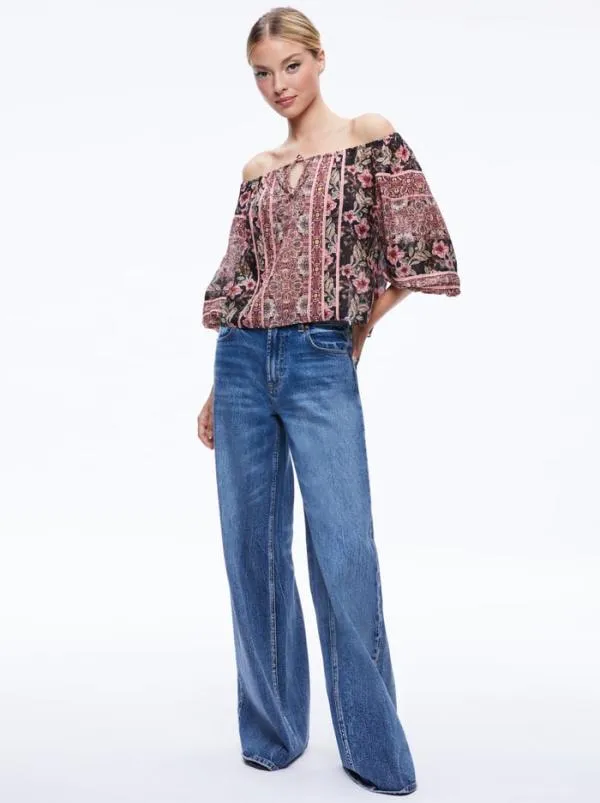 Tops Women Alice Olivia ALTA OFF THE SHOULDER TOP Canopy Tile Black