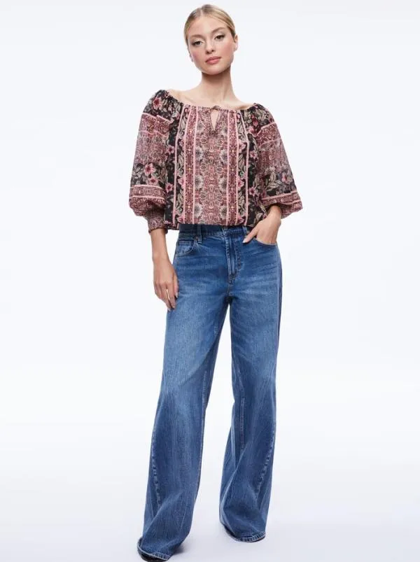 Tops Women Alice Olivia ALTA OFF THE SHOULDER TOP Canopy Tile Black
