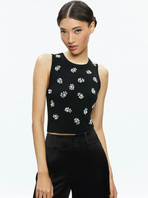 Tops Women Alice Olivia AMITY EMBELLISHED CROPPED TANK Black