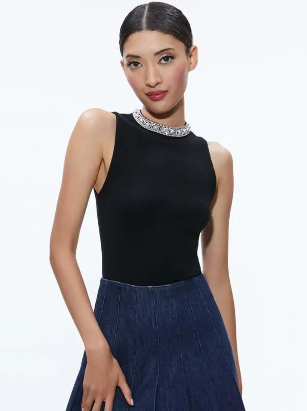 Tops Women Alice Olivia AMITY EMBELLISHED NECK CROPPED TANK Black