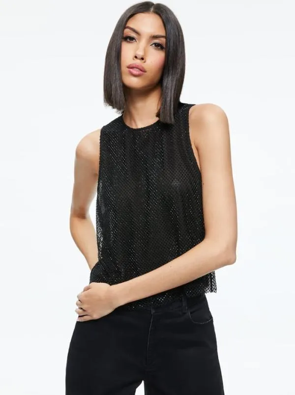 Tops Women Alice Olivia ANGELINA CRYSTAL EMBELLISHED TANK Black