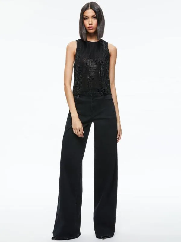 Tops Women Alice Olivia ANGELINA CRYSTAL EMBELLISHED TANK Black