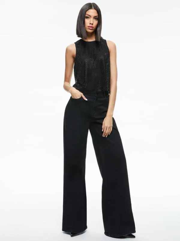 Tops Women Alice Olivia ANGELINA CRYSTAL EMBELLISHED TANK Black