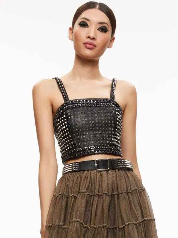 Tops Women Alice Olivia CERESI CHAIN STRAP STUDDED TOP Blackantique Nickle