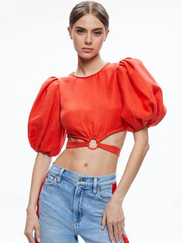Tops Women Alice Olivia COLETTE TIE PUFF SLEEVE CROP TOP Chili Pepper