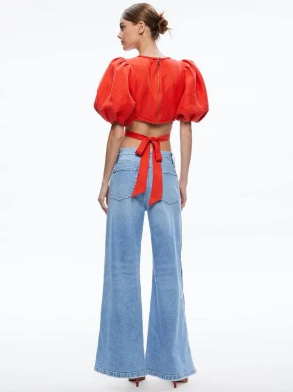 Tops Women Alice Olivia COLETTE TIE PUFF SLEEVE CROP TOP Chili Pepper