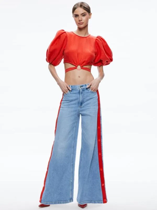 Tops Women Alice Olivia COLETTE TIE PUFF SLEEVE CROP TOP Chili Pepper