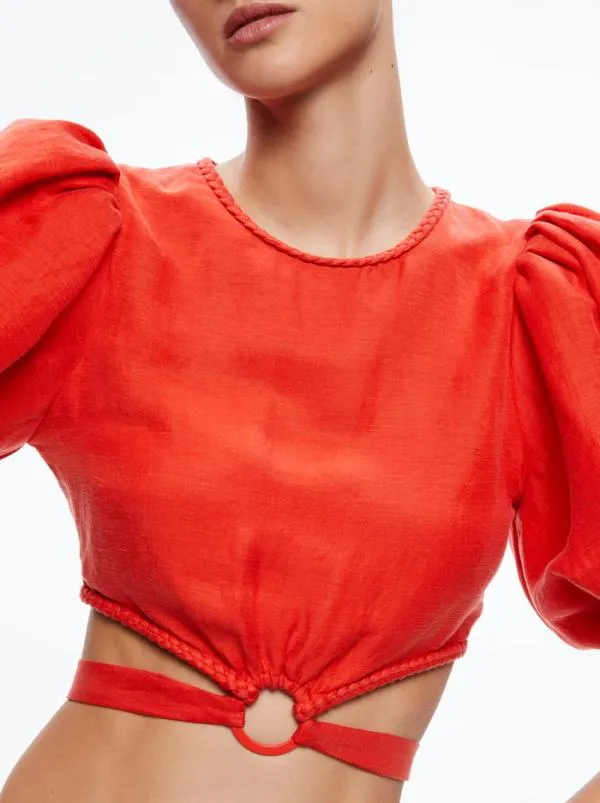 Tops Women Alice Olivia COLETTE TIE PUFF SLEEVE CROP TOP Chili Pepper