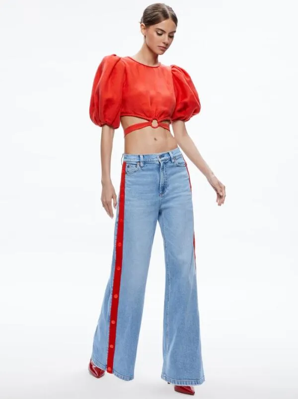 Tops Women Alice Olivia COLETTE TIE PUFF SLEEVE CROP TOP Chili Pepper
