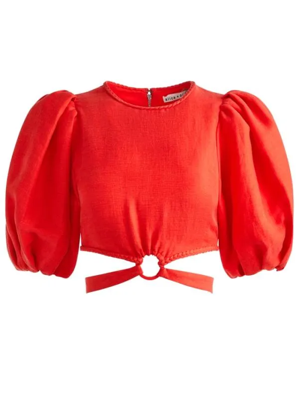 Tops Women Alice Olivia COLETTE TIE PUFF SLEEVE CROP TOP Chili Pepper