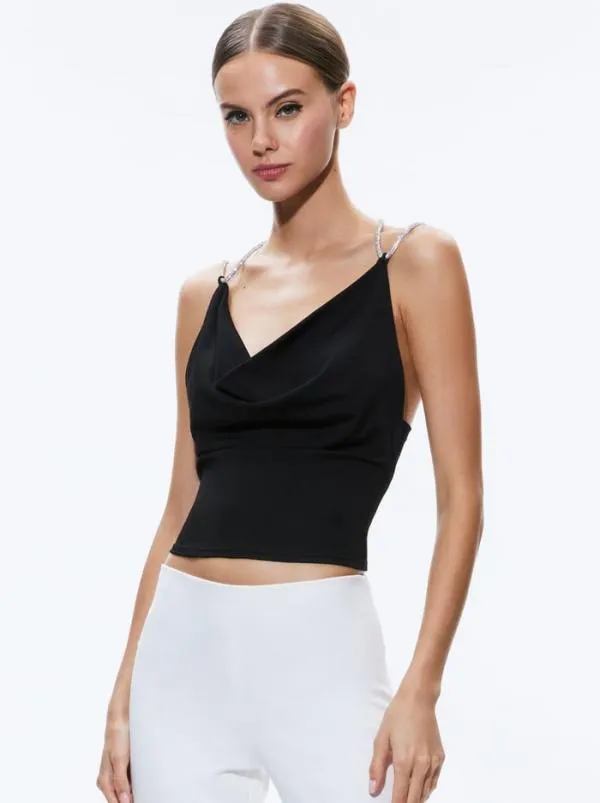 Tops Women Alice Olivia CORAL CRYSTAL STRAP COWL NECK TOP Black