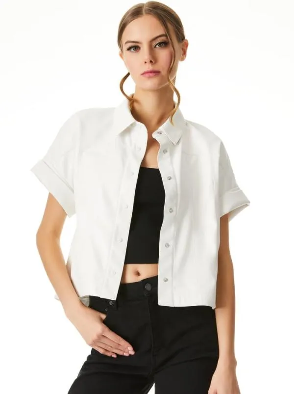 Tops Women Alice Olivia EDYTH VEGAN LEATHER BUTTON DOWN Off White