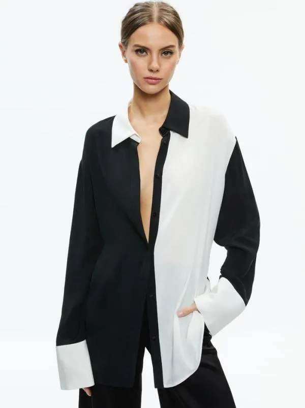 Tops Women Alice Olivia FINELY OVERSIZED BUTTON DOWN SHIRT Blackoff White