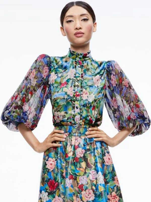Tops Women Alice Olivia ILAN SMOCKED SLEEVE BUTTON FRONT BLOUSE Breeze Floral Sm