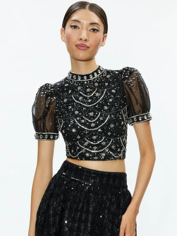 Tops Women Alice Olivia KRISTINA EMBELLISHED PUFF SLEEVE CROP TOP Blackmulti