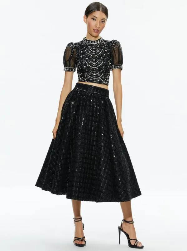 Tops Women Alice Olivia KRISTINA EMBELLISHED PUFF SLEEVE CROP TOP Blackmulti