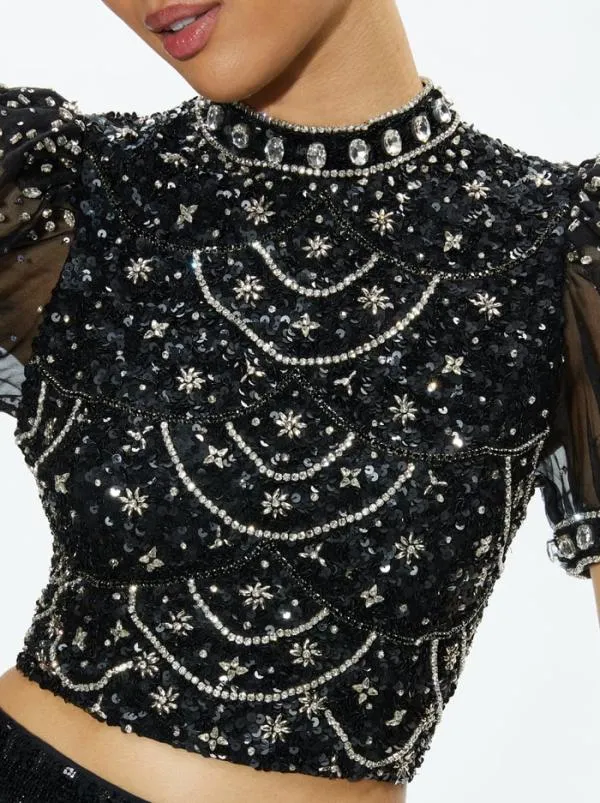 Tops Women Alice Olivia KRISTINA EMBELLISHED PUFF SLEEVE CROP TOP Blackmulti