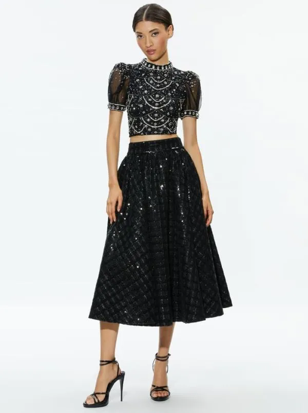 Tops Women Alice Olivia KRISTINA EMBELLISHED PUFF SLEEVE CROP TOP Blackmulti