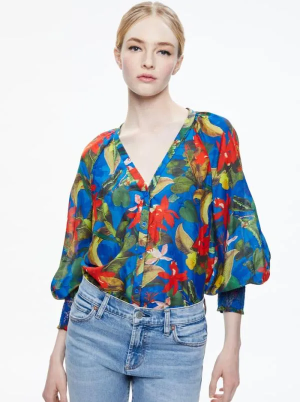 Tops Women Alice Olivia LANG BUTTON DOWN BLOUSE Tropical Sunrise Sapphire