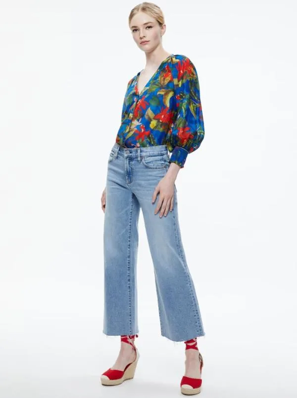 Tops Women Alice Olivia LANG BUTTON DOWN BLOUSE Tropical Sunrise Sapphire