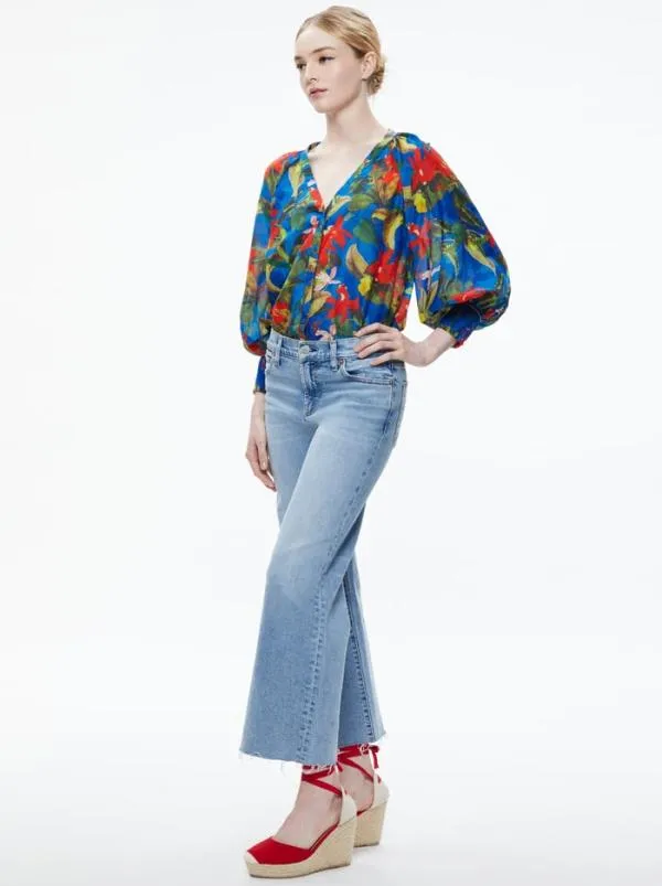 Tops Women Alice Olivia LANG BUTTON DOWN BLOUSE Tropical Sunrise Sapphire