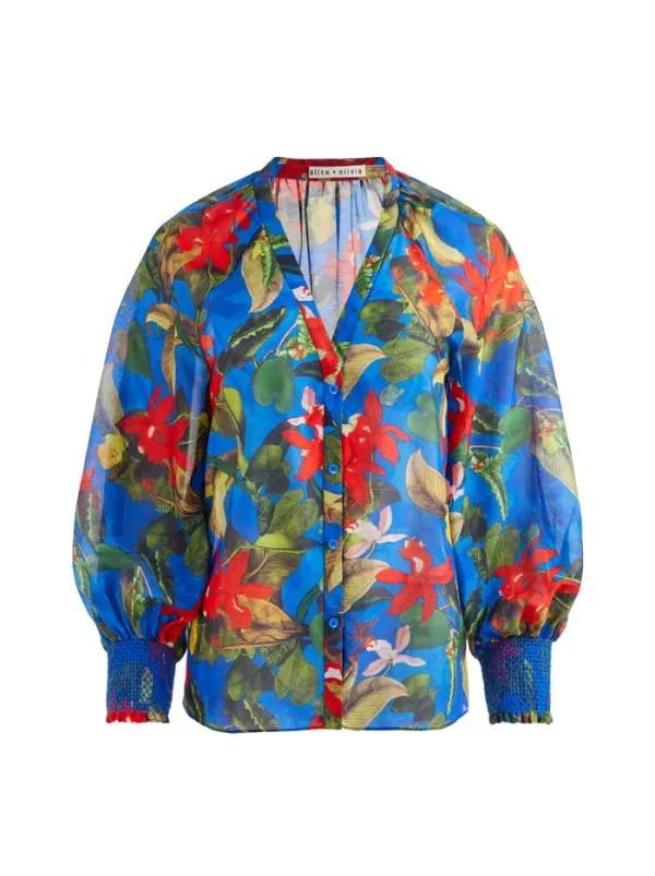 Tops Women Alice Olivia LANG BUTTON DOWN BLOUSE Tropical Sunrise Sapphire