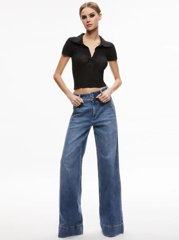 Tops Women Alice Olivia MARTHA METALLIC POLO CROP TOP Black