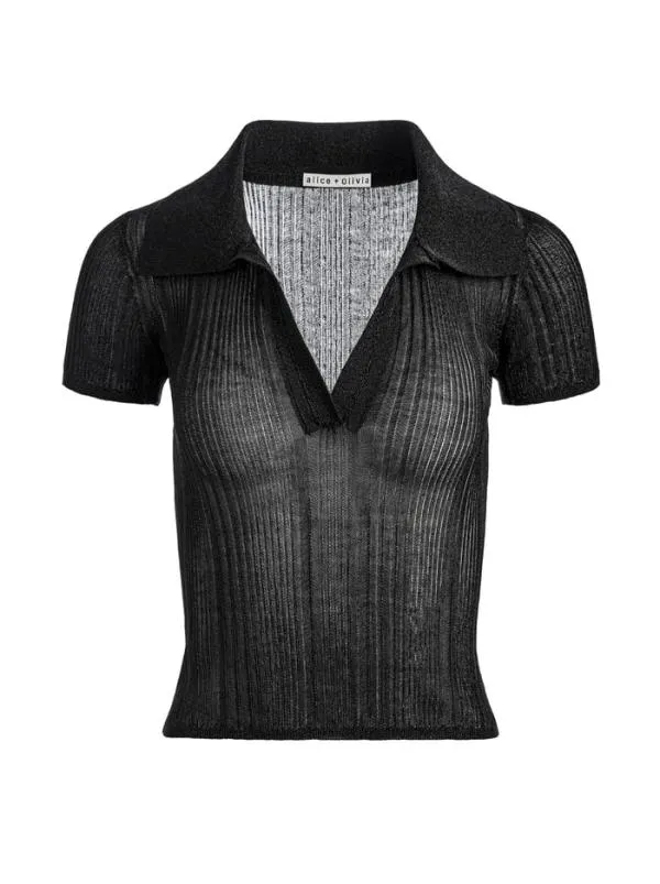 Tops Women Alice Olivia MARTHA METALLIC POLO CROP TOP Black