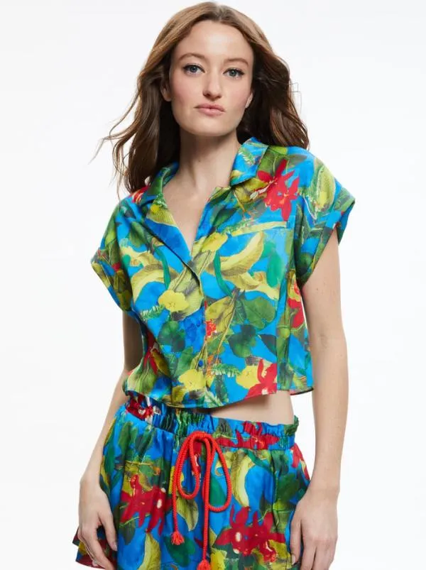 Tops Women Alice Olivia MILANO SHORT SLEEVE WORK SHIRT Tropical Sunrise Sapphire