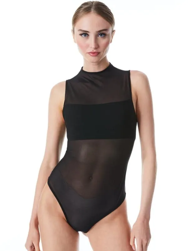 Tops Women Alice Olivia NICHOL HIGH NECK SLEEVELESS MESH BODYSUIT Black